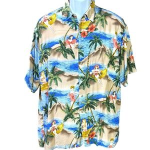Pierre Cardin VTG Hawaiian Shirt Pinup Girls Surfer‎ Aloha Size Large Resort